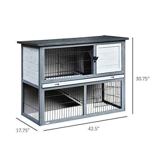 PawHut 43" L Wooden Rabbit Hutch Bunny Cage Small Animal House Enclosure with Ramp, Removable Tray and Weatherproof Roof for Outdoor, Grey