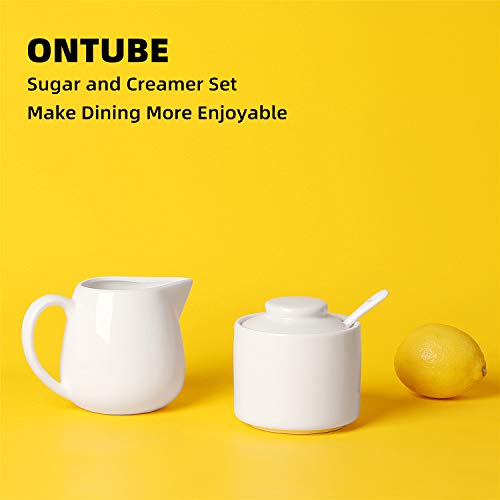 ONTUBE Porcelain Sugar and Creamer Set of 3,Cream Pitcher, Spoon, Sugar Bowl with Lid,Cream (White)