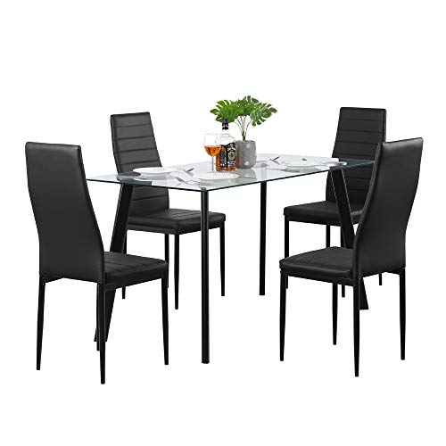 110cm Dining Table Set 5PCS Modern White Tempered Glass Dining Set with 4pcs PVC Leather Chairs Transparent & Creamy (Black)