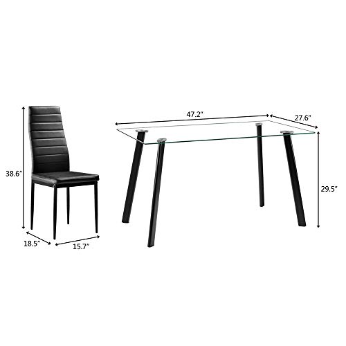 110cm Dining Table Set 5PCS Modern White Tempered Glass Dining Set with 4pcs PVC Leather Chairs Transparent & Creamy (Black)