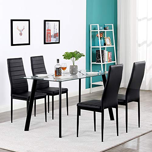 110cm Dining Table Set 5PCS Modern White Tempered Glass Dining Set with 4pcs PVC Leather Chairs Transparent & Creamy (Black)