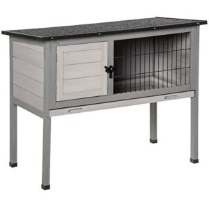 pawhut elevated wooden rabbit hutch, indoor/outdoor bunny cage with hinged asphalt roof and removable tray for guinea pig, grey