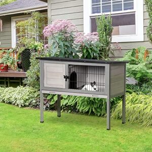 PawHut Elevated Wooden Rabbit Hutch, Indoor/Outdoor Bunny Cage with Hinged Asphalt Roof and Removable Tray for Guinea Pig, Grey