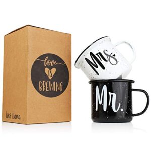 mr and mrs coffee mug gift set - enamel coated stainless steel camping mugs - bride and groom - marriage engagement wedding gift for couples