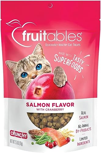 Fruitables Cat Crunchy Treats For Cats – Healthy Low Calorie Packed with Protein – Free of Wheat, Corn and Soy – Made with Real Salmon with Cranberry – 2.5 Ounces