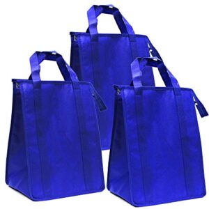 gift expressions insulated grocery tote bag | 3 pack | royal blue | heavy duty large gift bags, super strong, reusable eco friendly shopping bags, stand up bottom, non woven tote bags, zipper closure