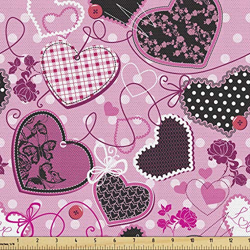 Lunarable Hearts Fabric by The Yard, Sewing Themed Love with Polka Dots Valentine's Day Inspired Image, Decorative Fabric for Upholstery and Home Accents, 1 Yard, White Black