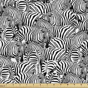 lunarable zebra fabric by the yard, savannah fauna herd with black stripes design monochrome illustration, decorative fabric for upholstery and home accents, 1 yard, black and white