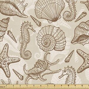 lunarable beige fabric by the yard, retro nautical underwater themed print with seashell shellfish seahorse elements, decorative fabric for upholstery and home accents, 3 yards, beige brown