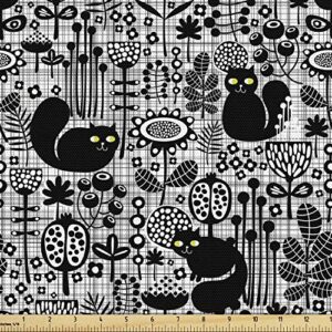 lunarable cat fabric by the yard, feline domestic animals with blossoming monochrome flowers and leaves kitten, decorative fabric for upholstery and home accents, 1 yard, white black