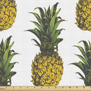 lunarable pineapple fabric by the yard, pineapple illustration gourmet holidays getaway palm trees art, decorative fabric for upholstery and home accents, 3 yards, mustard white