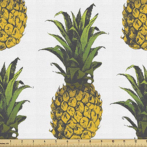 Lunarable Pineapple Fabric by The Yard, Pineapple Illustration Gourmet Holidays Getaway Palm Trees Art, Decorative Fabric for Upholstery and Home Accents, 3 Yards, Mustard White