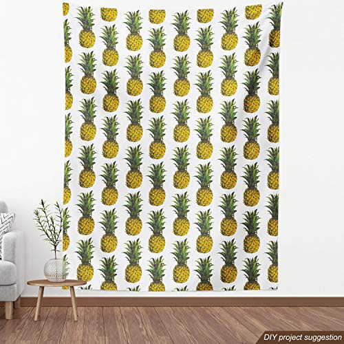 Lunarable Pineapple Fabric by The Yard, Pineapple Illustration Gourmet Holidays Getaway Palm Trees Art, Decorative Fabric for Upholstery and Home Accents, 3 Yards, Mustard White