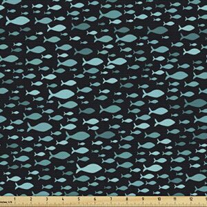 lunarable fish fabric by the yard, underwater animals swimming silhouette marine life sea ocean, decorative fabric for upholstery and home accents, 1 yard, teal black