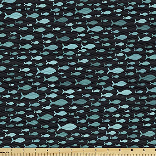 Lunarable Fish Fabric by The Yard, Underwater Animals Swimming Silhouette Marine Life Sea Ocean, Decorative Fabric for Upholstery and Home Accents, 1 Yard, Teal Black