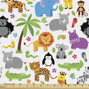 lunarable animals fabric by the yard, jungle and zoo themed pattern with tropical trees and animals, decorative fabric for upholstery and home accents, 1 yard, green grey