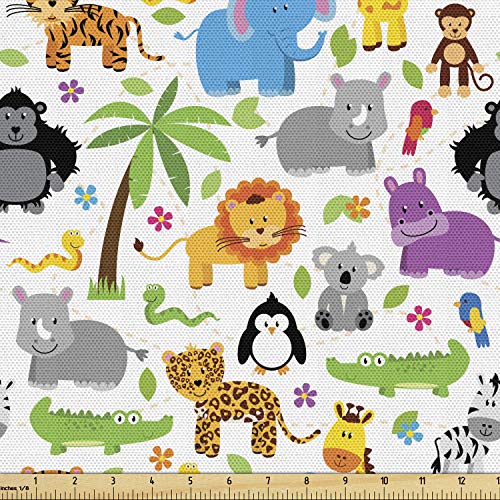 Lunarable Animals Fabric by The Yard, Jungle and Zoo Themed Pattern with Tropical Trees and Animals, Decorative Fabric for Upholstery and Home Accents, 1 Yard, Green Grey