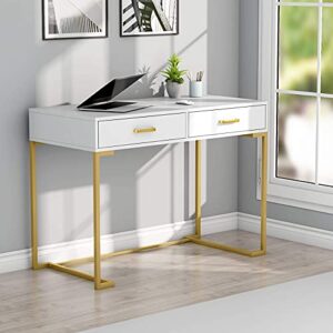 Tribesigns White and Gold Desk with 2 Drawers, White Writing Desk, 40 Inches Computer Desk, Simple and Modern Desk