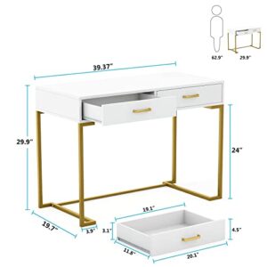 Tribesigns White and Gold Desk with 2 Drawers, White Writing Desk, 40 Inches Computer Desk, Simple and Modern Desk