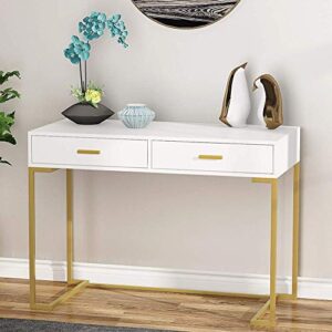 Tribesigns White and Gold Desk with 2 Drawers, White Writing Desk, 40 Inches Computer Desk, Simple and Modern Desk