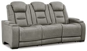 signature design by ashley the man-den leather power reclining sofa with adjustable headrests & wireless charging, gray