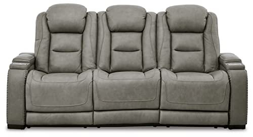 Signature Design by Ashley The Man-Den Leather Power Reclining Sofa with Adjustable Headrests & Wireless Charging, Gray