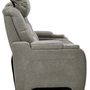 Signature Design by Ashley The Man-Den Leather Power Reclining Sofa with Adjustable Headrests & Wireless Charging, Gray