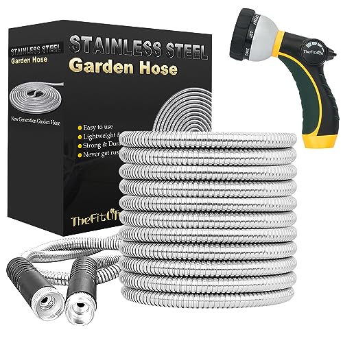 TheFitLife Flexible Metal Garden Hose - Upgrade Leak and Fray Resistant Design, Stainless Steel Water Hose with Solid Fittings and Sprayer Nozzle, Lightweight Kink Free Durable Easy Storage (50 FT)