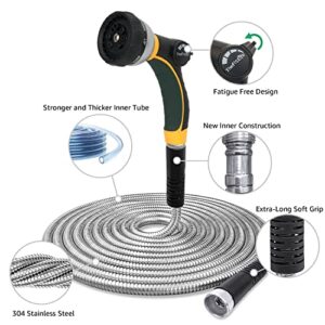 TheFitLife Flexible Metal Garden Hose - Upgrade Leak and Fray Resistant Design, Stainless Steel Water Hose with Solid Fittings and Sprayer Nozzle, Lightweight Kink Free Durable Easy Storage (50 FT)