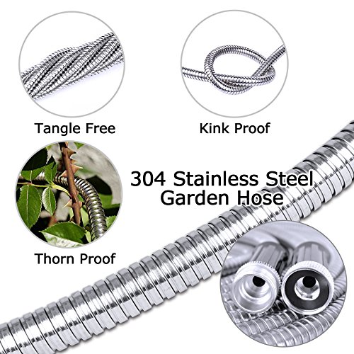 TheFitLife Flexible Metal Garden Hose - Upgrade Leak and Fray Resistant Design, Stainless Steel Water Hose with Solid Fittings and Sprayer Nozzle, Lightweight Kink Free Durable Easy Storage (50 FT)