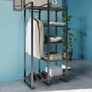 zinus brock etagere bookcase with hanging storage / 4-shelf bookcase / metal frame / solid acacia wood / easy assembly