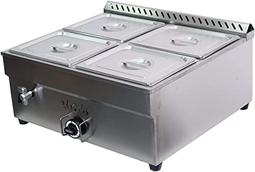 INTBUYING LP Gas Food Soup Warmer Propane Gas Stove Bain-Marie Commercial Canteen Buffet Steam Heater Stainless Steel with Gas Regulator Valve 12''x8.7''x4''Pan-4 Pans（Square）