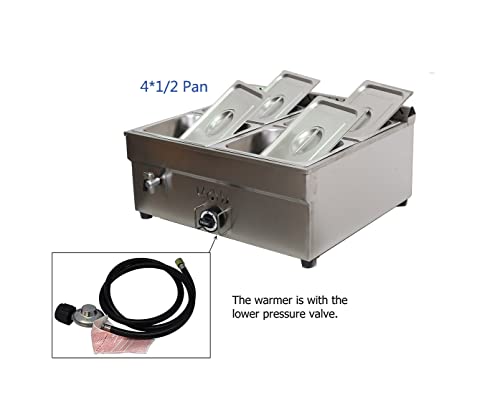 INTBUYING LP Gas Food Soup Warmer Propane Gas Stove Bain-Marie Commercial Canteen Buffet Steam Heater Stainless Steel with Gas Regulator Valve 12''x8.7''x4''Pan-4 Pans（Square）