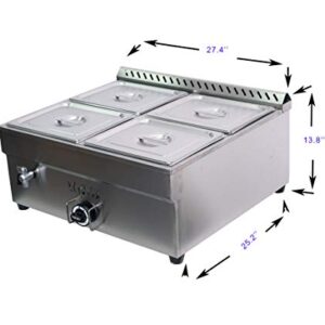 INTBUYING LP Gas Food Soup Warmer Propane Gas Stove Bain-Marie Commercial Canteen Buffet Steam Heater Stainless Steel with Gas Regulator Valve 12''x8.7''x4''Pan-4 Pans（Square）