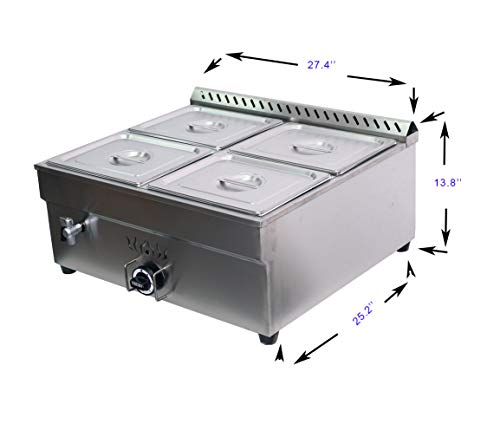 INTBUYING LP Gas Food Soup Warmer Propane Gas Stove Bain-Marie Commercial Canteen Buffet Steam Heater Stainless Steel with Gas Regulator Valve 12''x8.7''x4''Pan-4 Pans（Square）