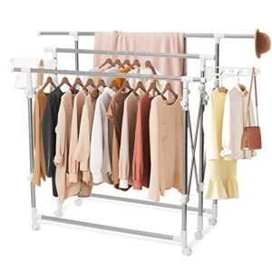 todeco clothes drying rack, foldable stainless steel laundry drying hanger rack on wheels for laundry with extendable rods and hanging rail for indoor outdoor