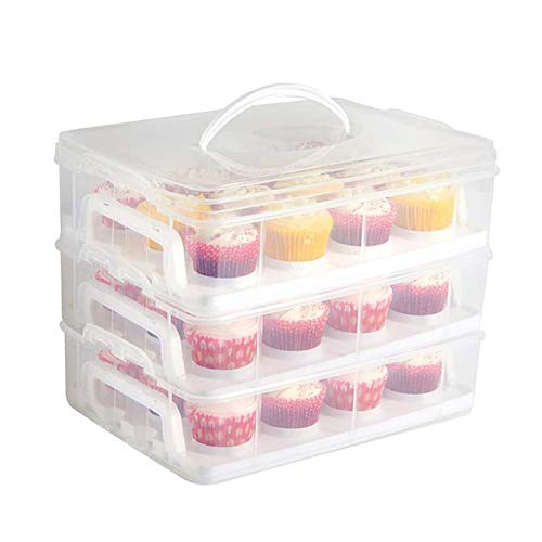 ZOAJU Plastic Cupcake Carrier, 3 tier Stackable Layer Insert Cupcake Holder for 36 Cupcakes or 3 Large Rectangular Cakes for Cookie, Muffin or Cake