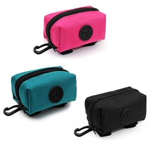 SLOSN 3 Pack Pet Waste Bag Dispenser Dog Poop Bag Holder with Zippered Portable Dog Poop Bag Holder with Hook for Leash,Great Accessory for Walking, Running with Dog (RoseRed Green Black)