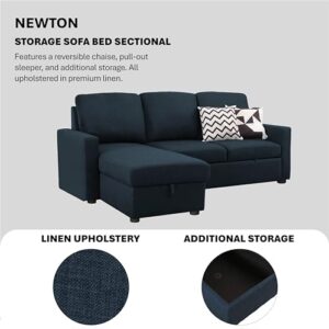 Abbyson Living Newton Sectional Sofa Bed - Upholstered, Reversible Chaise, Pull Out Couch, Navy Blue