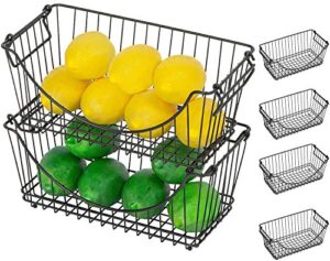smart design stacking baskets with handles - set of 6 medium - steel metal wire - fruit produce & vegetable safe storage bin organizer - pantry counter stand rack - kitchen - 12.63 x 5.5 inch - black