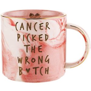 hendson breast cancer survivor gifts for women - cancer picked the wrong - ovarian, breast cancer awareness, chemotherapy, gifts for cancer patient - pink marble mug, ceramic coffee cup