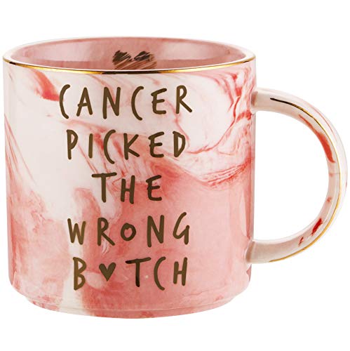 Hendson Breast Cancer Survivor Gifts for Women - Cancer Picked The Wrong - Ovarian, Breast Cancer Awareness, Chemotherapy, Gifts for Cancer Patient - Pink Marble Mug, Ceramic Coffee Cup