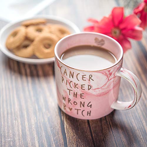 Hendson Breast Cancer Survivor Gifts for Women - Cancer Picked The Wrong - Ovarian, Breast Cancer Awareness, Chemotherapy, Gifts for Cancer Patient - Pink Marble Mug, Ceramic Coffee Cup