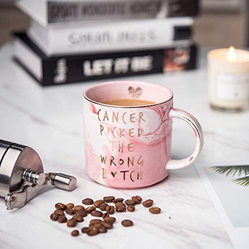 Hendson Breast Cancer Survivor Gifts for Women - Cancer Picked The Wrong - Ovarian, Breast Cancer Awareness, Chemotherapy, Gifts for Cancer Patient - Pink Marble Mug, Ceramic Coffee Cup