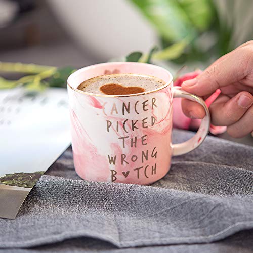 Hendson Breast Cancer Survivor Gifts for Women - Cancer Picked The Wrong - Ovarian, Breast Cancer Awareness, Chemotherapy, Gifts for Cancer Patient - Pink Marble Mug, Ceramic Coffee Cup