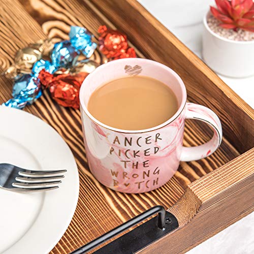 Hendson Breast Cancer Survivor Gifts for Women - Cancer Picked The Wrong - Ovarian, Breast Cancer Awareness, Chemotherapy, Gifts for Cancer Patient - Pink Marble Mug, Ceramic Coffee Cup