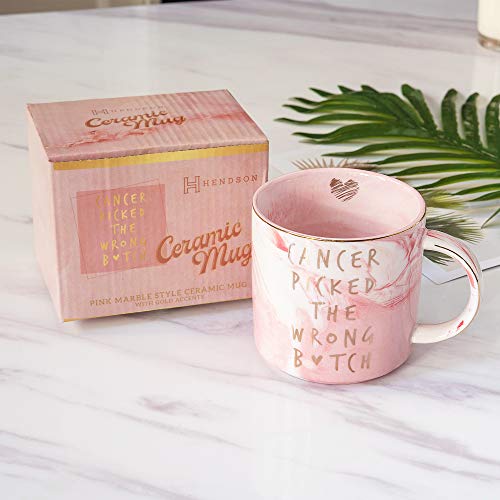 Hendson Breast Cancer Survivor Gifts for Women - Cancer Picked The Wrong - Ovarian, Breast Cancer Awareness, Chemotherapy, Gifts for Cancer Patient - Pink Marble Mug, Ceramic Coffee Cup