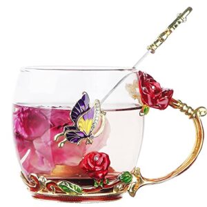 vanuoda enamels butterfly flower tea cup, glass coffee mugs with spoon, valentines mothers day graduation christmas gifts for women wife mom her grandma girls teacher friends, birthday present idea