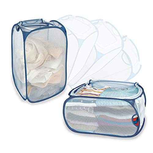 Smart Design Deluxe Collapsible Laundry Baskets – Holds Up to 3 Loads, White/Blue – Pop-Up Laundry Hamper Stands or Lays for Easy Organization and Storage – Laundry Basket Made with Breathable Mesh