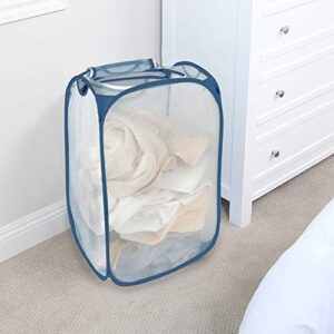 Smart Design Deluxe Collapsible Laundry Baskets – Holds Up to 3 Loads, White/Blue – Pop-Up Laundry Hamper Stands or Lays for Easy Organization and Storage – Laundry Basket Made with Breathable Mesh